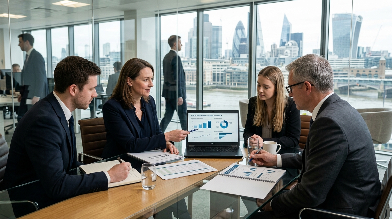 Digital agency investment review with charts and strategy documents.